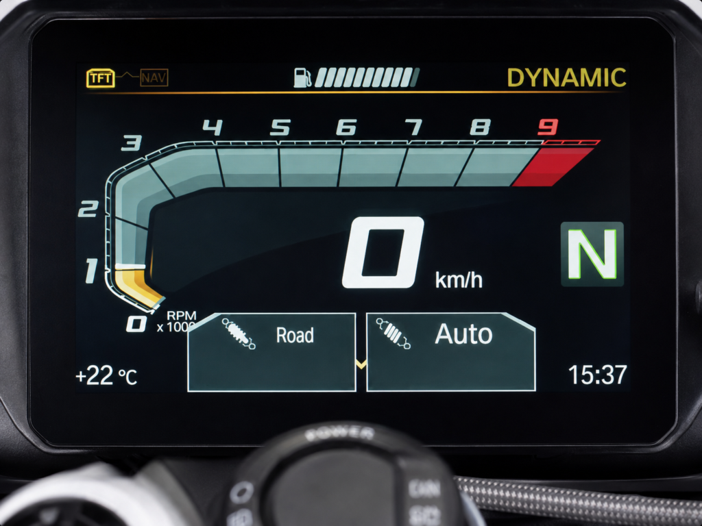 BMW GS LC Dynamic ESA setting displayed on the dashboard